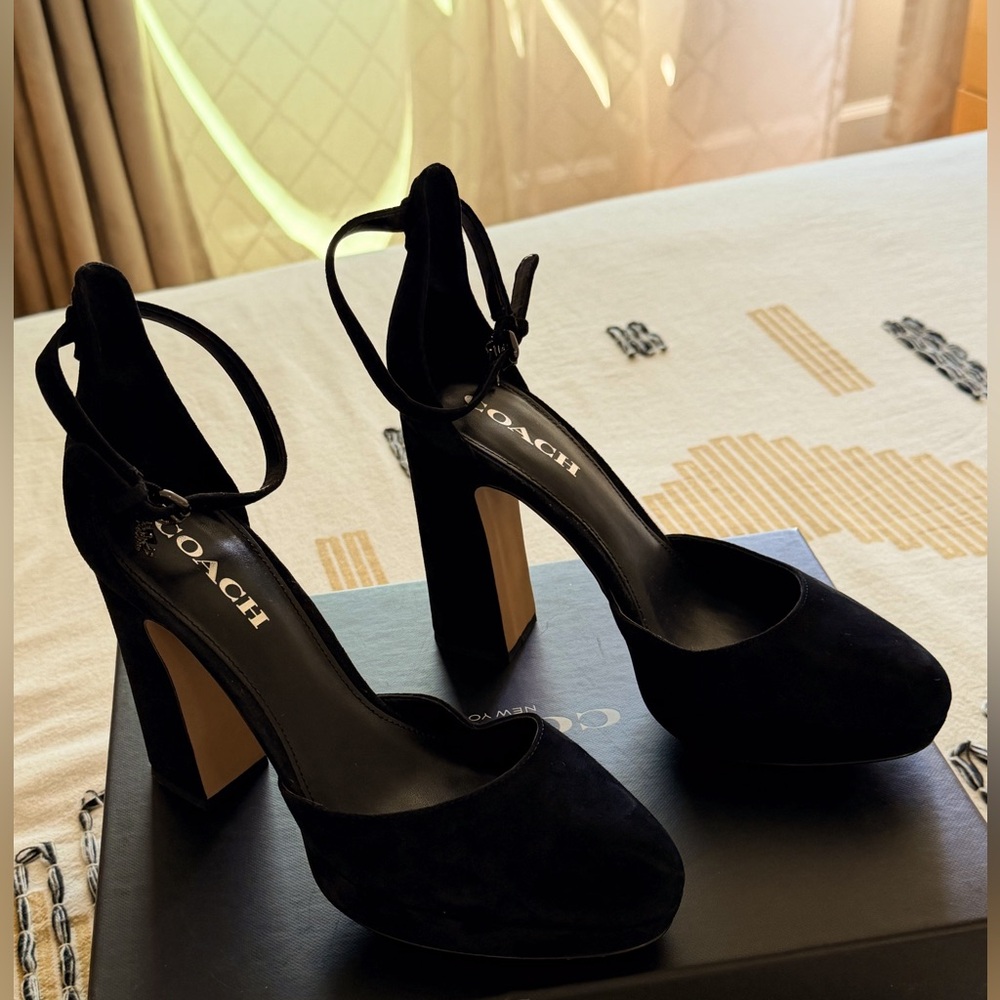 COACH Women's Black Suede Ankle-Strap Block Heel Pumps